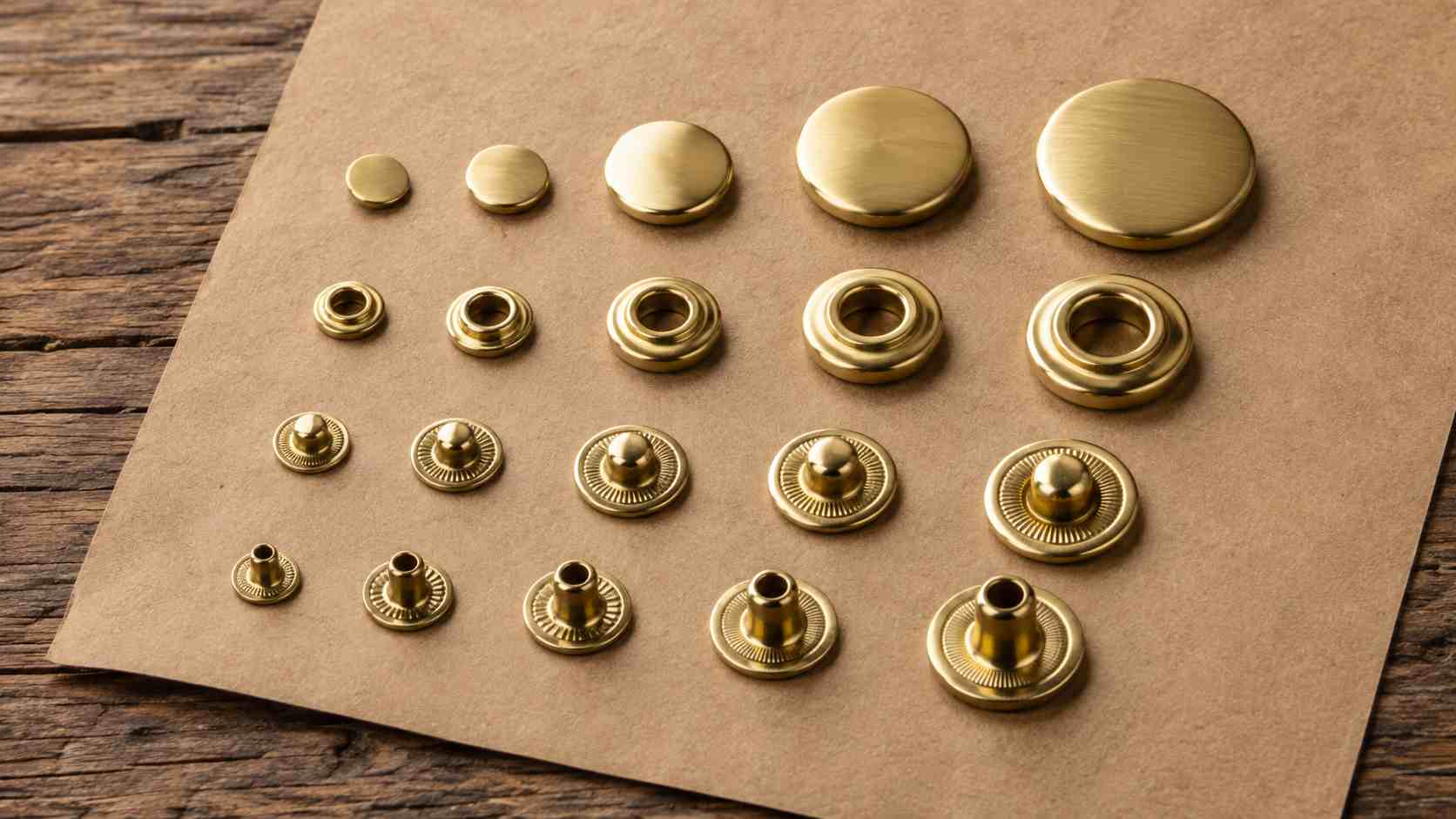 brass snap fasteners, Brass snap fasteners in multiple sizes are arranged with matching components on a tan surface.